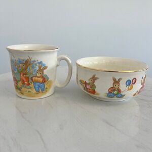Mount Clemens Pottery Bunny Childrens Mug Bowl Set Japan Easter Nursery‎ Vtg